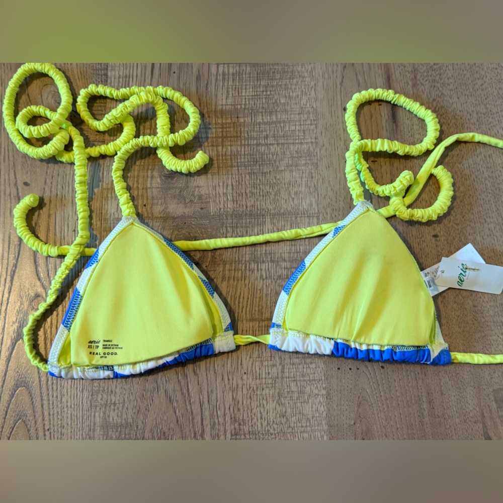 Aerie Real Good Checkered Triangle Bikini Top Blue White Neon XS NWT - Picture 7 of 7